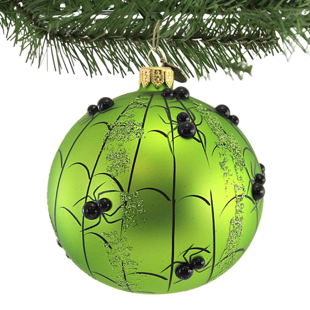 Spooksy™ Pumpkin With Spiders - 1 Glass Ornament 4.25 Inch, Glass - Halloween Ball Ornament Webs 2020231 GREEN