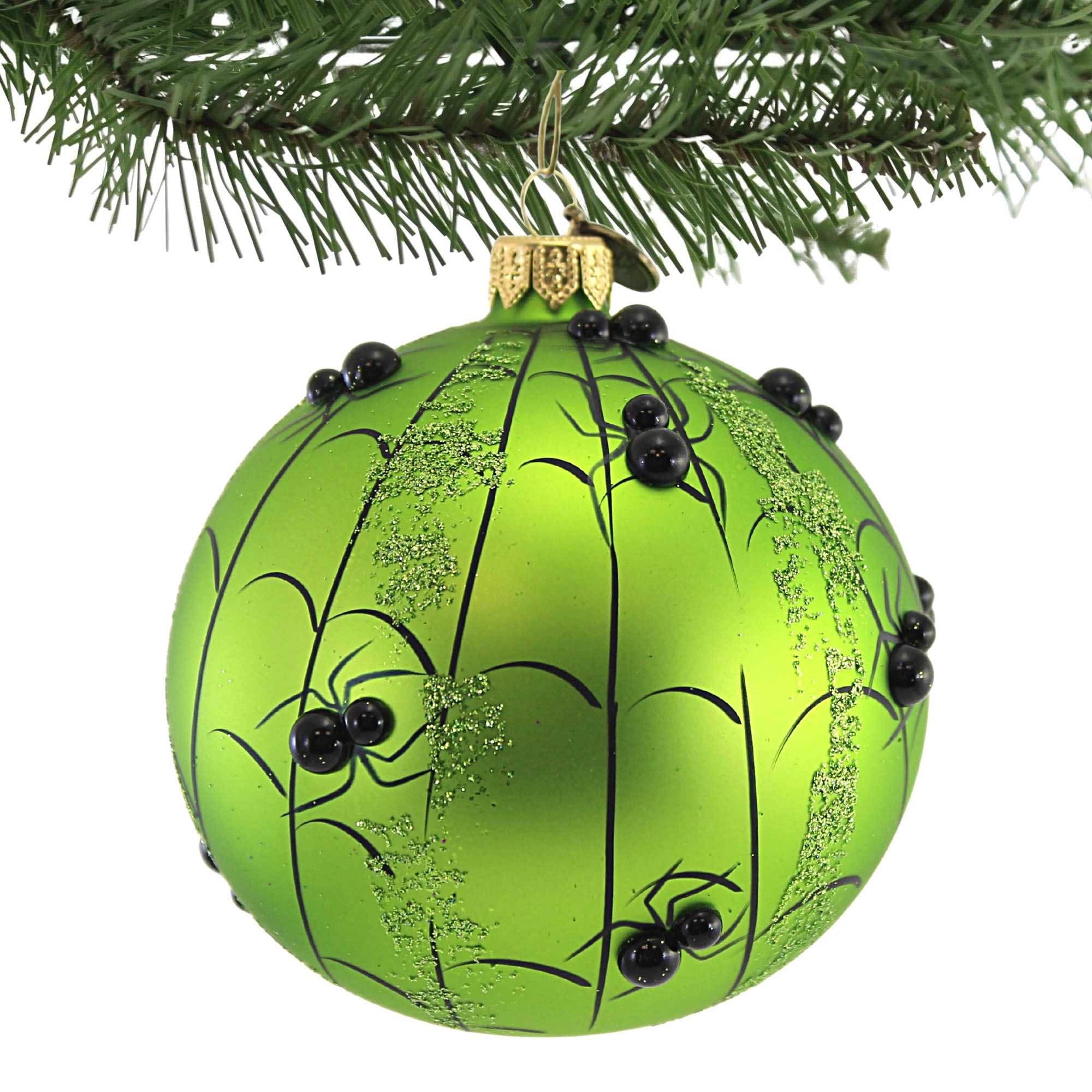 Spooksy™ Pumpkin With Spiders - 1 Glass Ornament 4.25 Inch, Glass - Halloween Ball Ornament Webs 2020231 GREEN