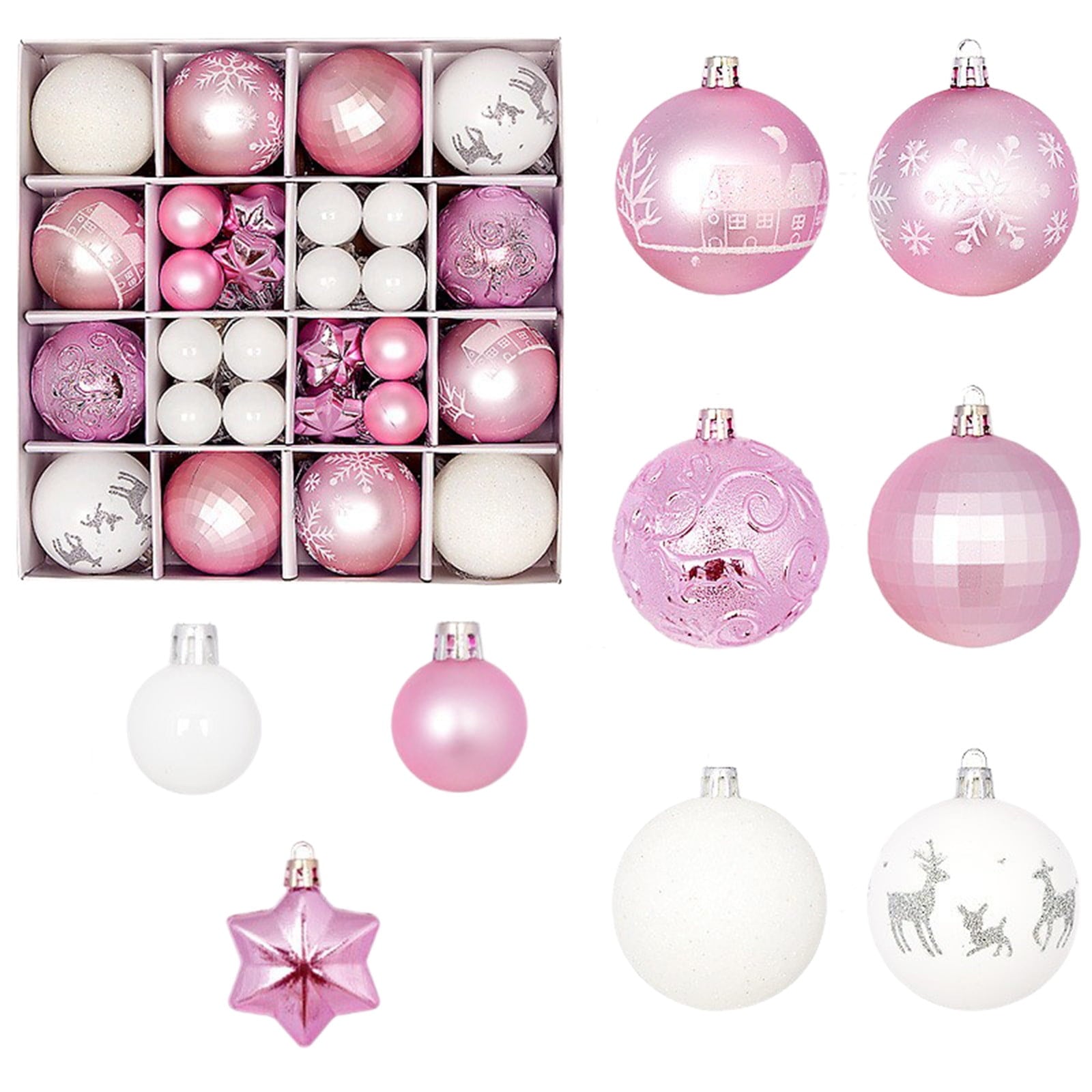 Spooksy™ Pink White Christmas Balls - Christmas Tree Decoration Ornaments Shatterproof Hanging Balls for Birthday Halloween Holiday Wedding Decorations Set of 44 pcs (1.1", 2.3")