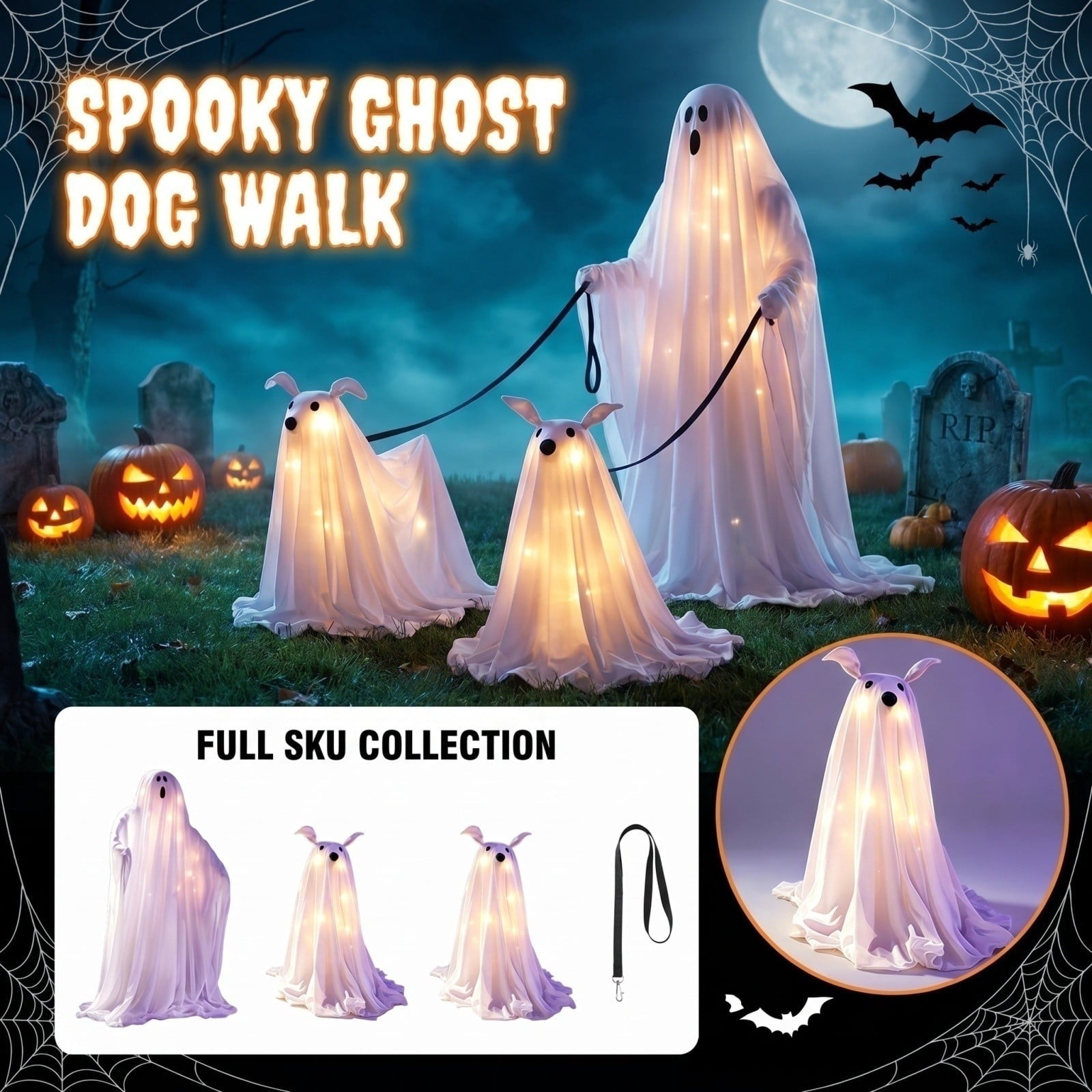 Spooksy™ Halloween Decorations, LED Lighted Ghost Walking Dog Statues, Spooky Halloween Indoor Decor for Home Tabletop Patio Garden Ornament (Ghost*1?? Ghost Dog*2)
