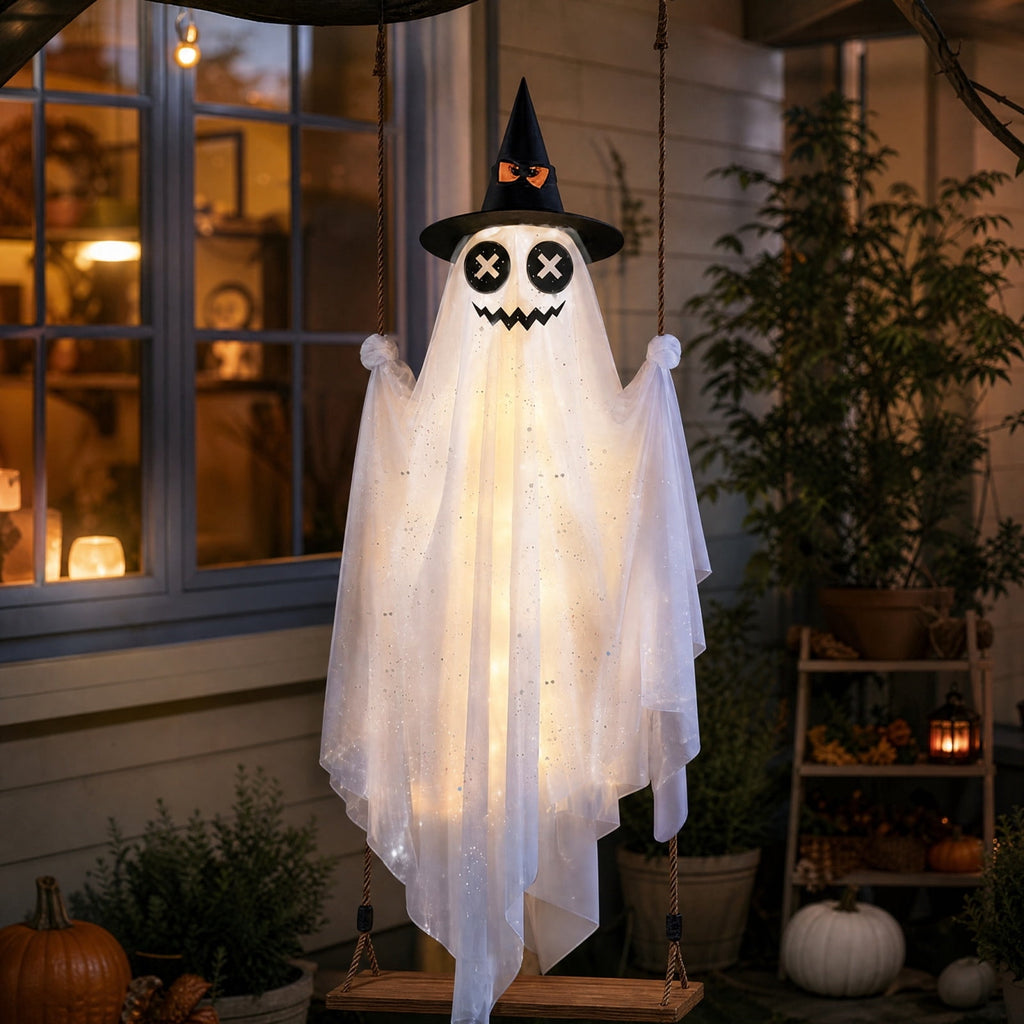 Spooksy™ Halloween Witch Hat Swinging Ghost Ornament, Flexible Anti Deform Structure Quick Mount Soft Cute Appearance, Fabric Ghost Pendant, Hanging Decor for Porch Indoor Holiday Party Space