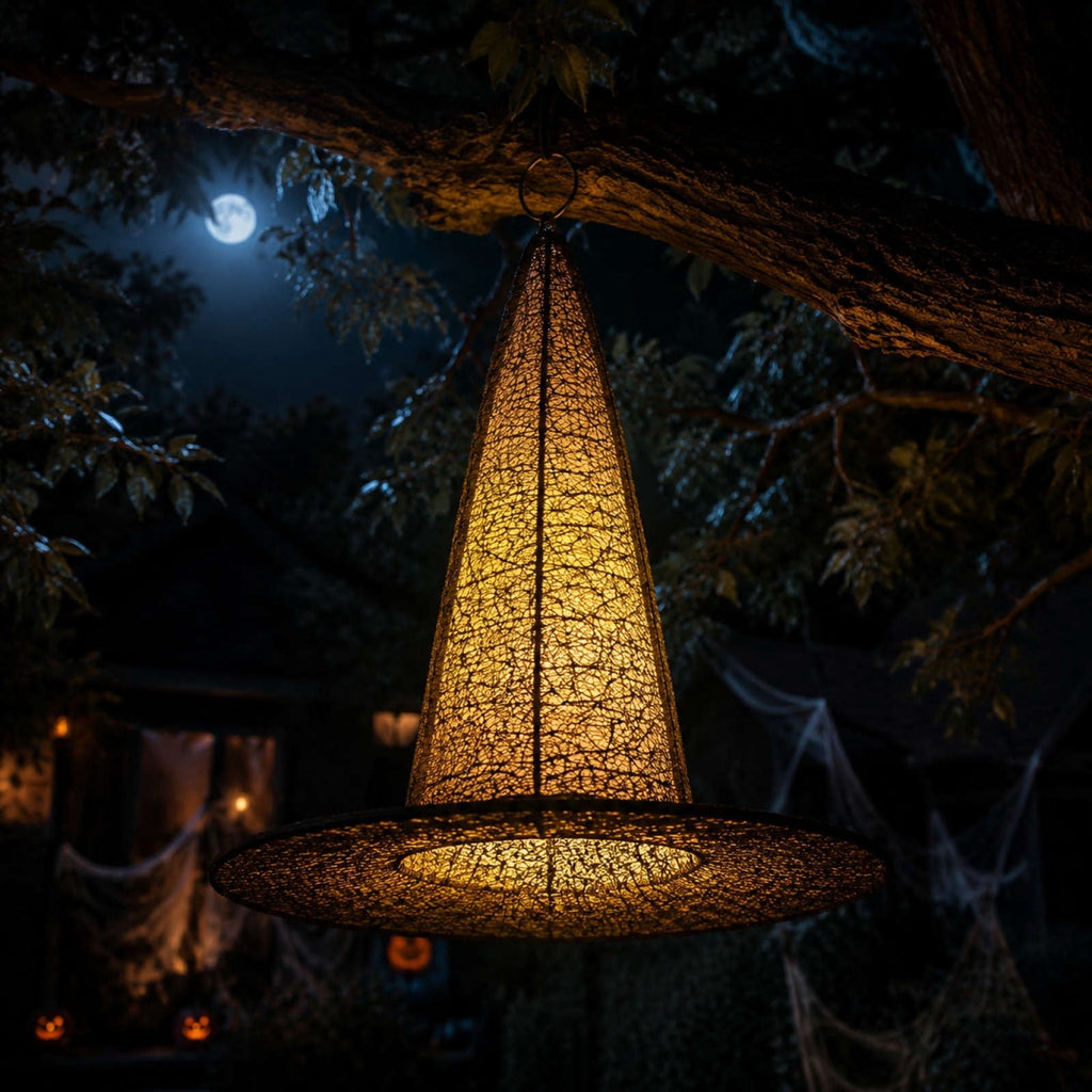 Spooksy™ Halloween Witch Hat Light Hanging Decoration, LED Glowing Party Ornament Battery Operated Easy Hanging Spooky Reusable for Front Door Window Fireplace Porch Hauntedy Houses Halloween Party Decor