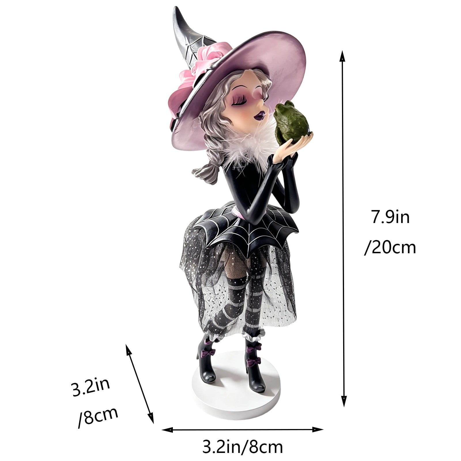 Spooksy™ Halloween Cute Witch Resin Figurine, Stable Base Vintage Mesh Skirt Tabletop Statue, Family Friendly Whimsical Holiday Ornament, Decor for Mantel Shelf Entryway Halloween Party Table