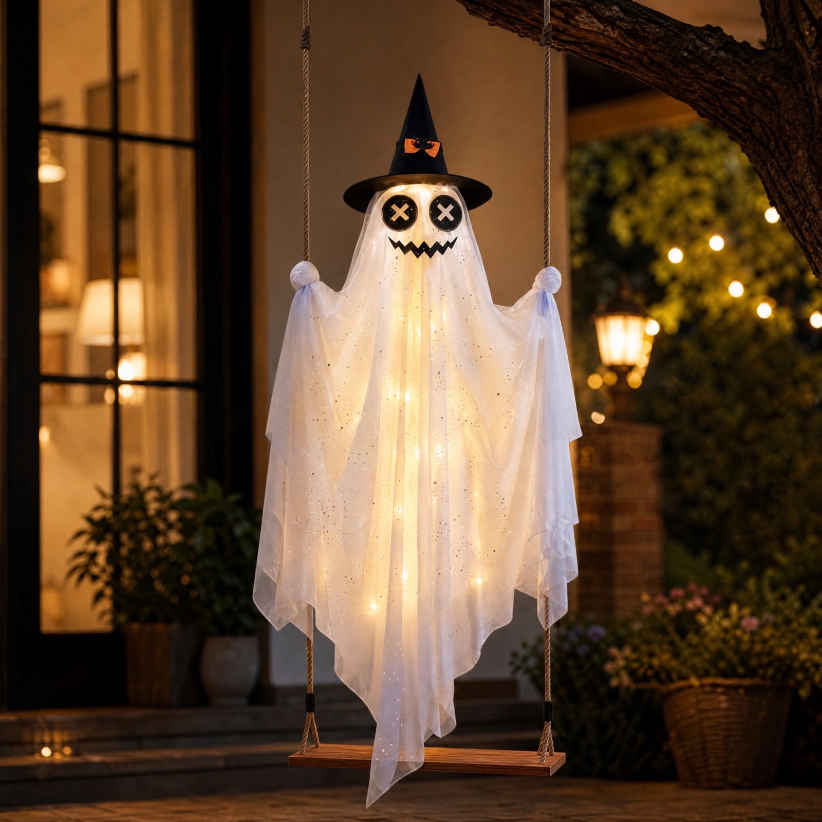 Spooksy™ Halloween Witch Hat Swinging Ghost Ornament, Flexible Anti Deform Structure Quick Mount Soft Cute Appearance, Fabric Ghost Pendant, Hanging Decor for Porch Indoor Holiday Party Space