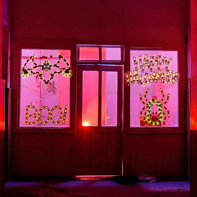 Spooksy™ 4-Pack Halloween Lighted Window Silhouette Lights, LED Hanging Ornaments with Cobweb, Pumpkin, Cat and Skull Designs