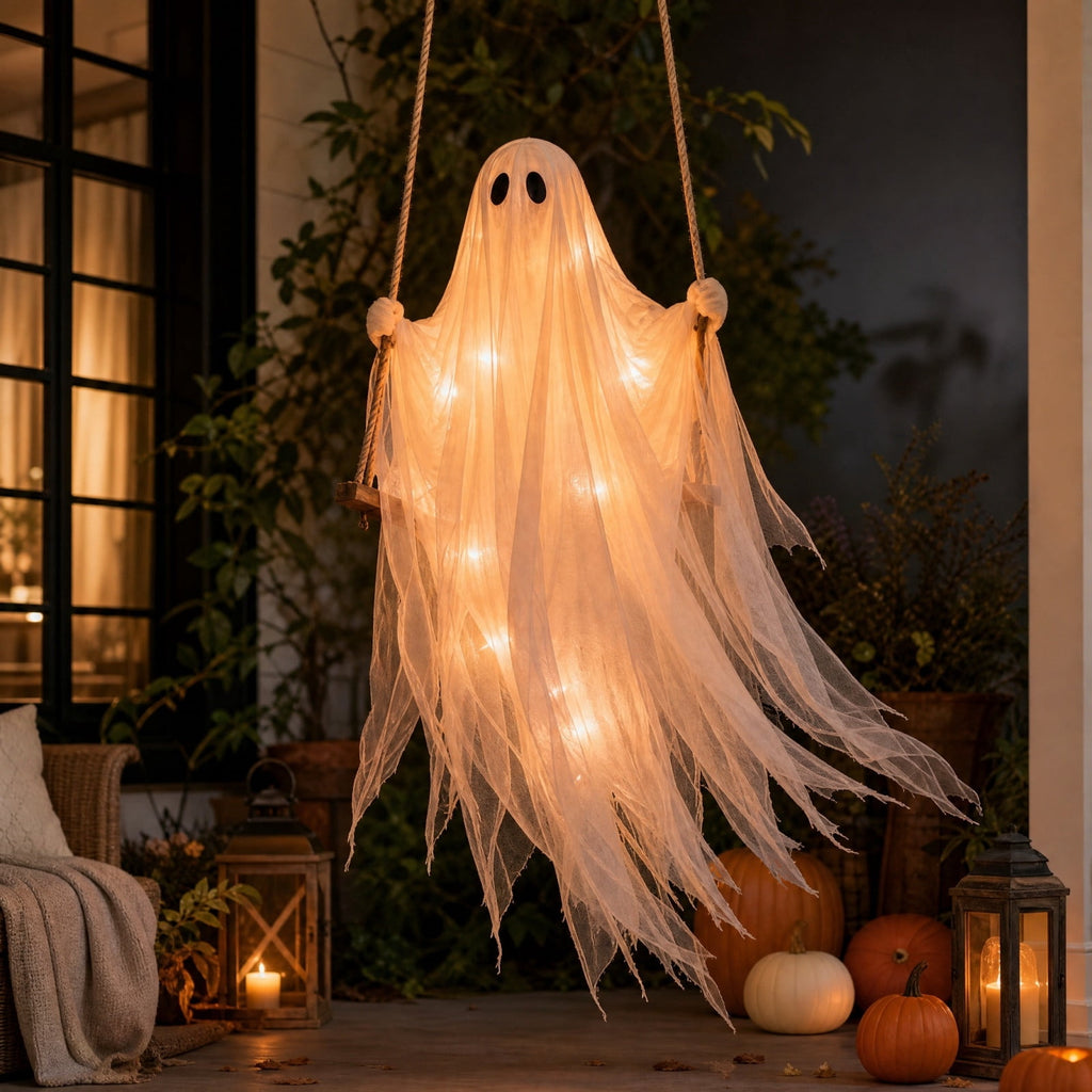 Spooksy™ Gaecuw 59 Inch Halloween Hanging Swing Ghost Decoration, Light-Up Gauze Ghost Ornament for Tree Yard Porch Outdoor Decor, As Shown