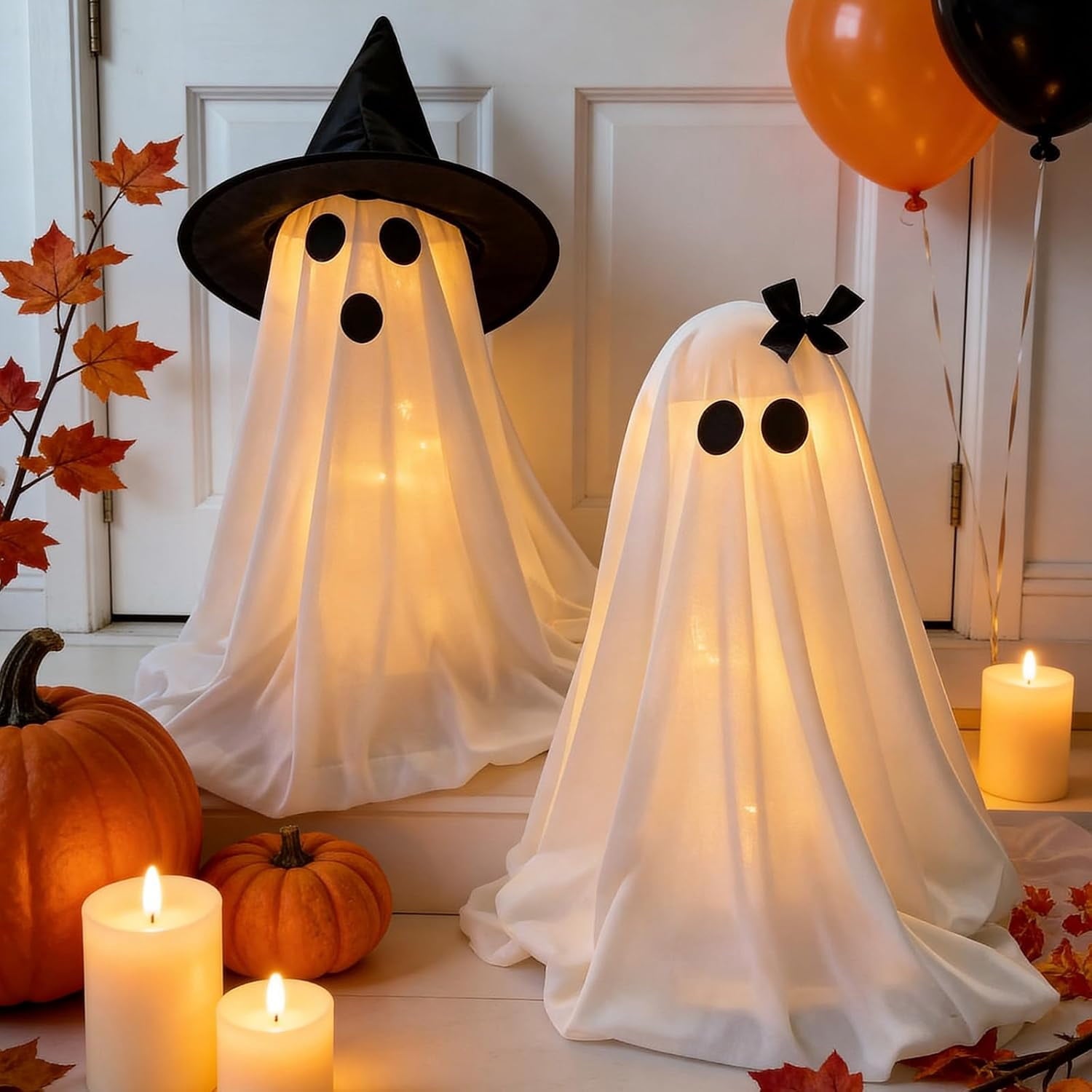 Spooksy™ 2PCS Halloween Ghost Light Set Decoration, Cute Ghost Light up for Home Halloween Party Tabletop Kitchen Counter Fireplace Mantle Decoration