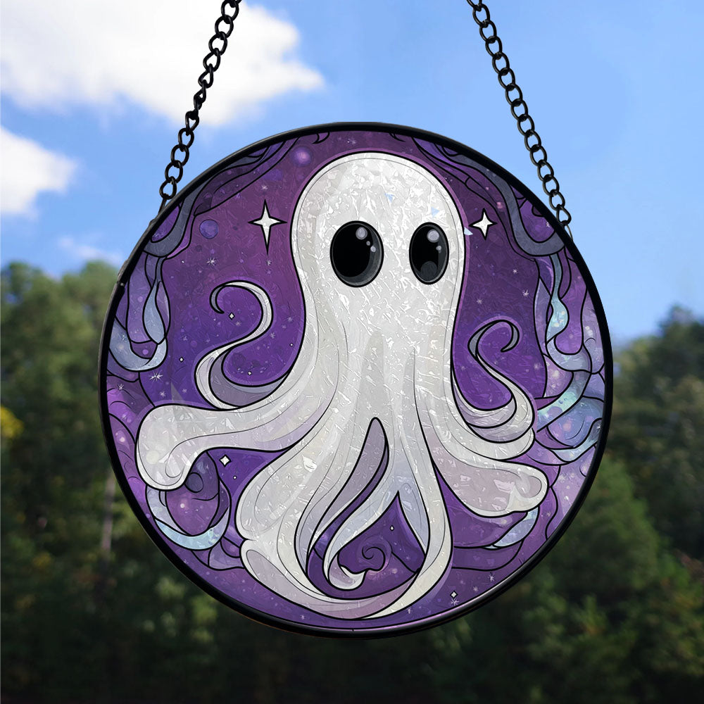 Spooksy™ Modern Christmas Gift - Halloween White Ghost Purple Starss Spooky Stained Glass Hanging Ornament for Christmas - Holiday Tree Decor, Great Gift for Family & Friends, Mom and Dad Edition 2025