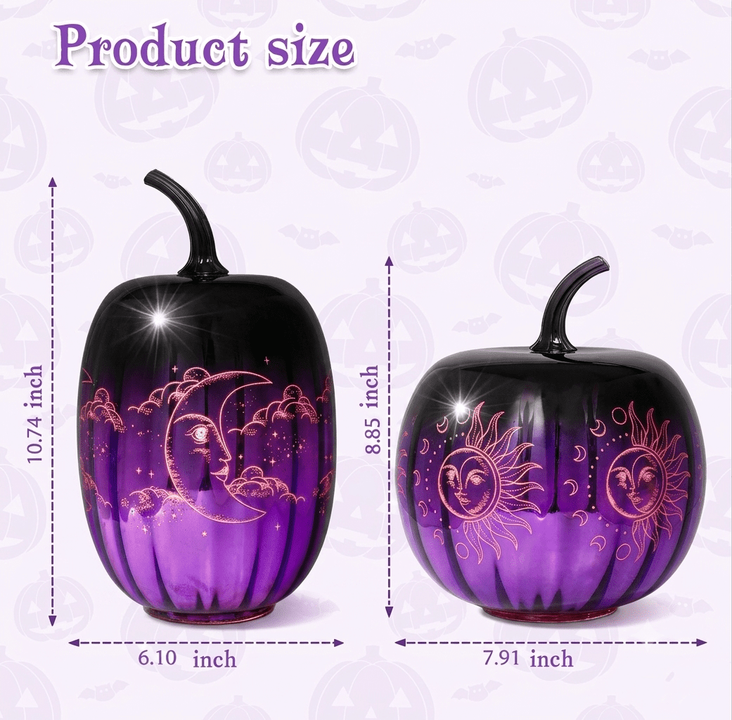 Spooksy™ 2pcs Fall Halloween Pumpkin-Purple Glass Pumpkin Ornament with Enchanted Moon & Star Pattern and Built - in Fairy Lights for Decor