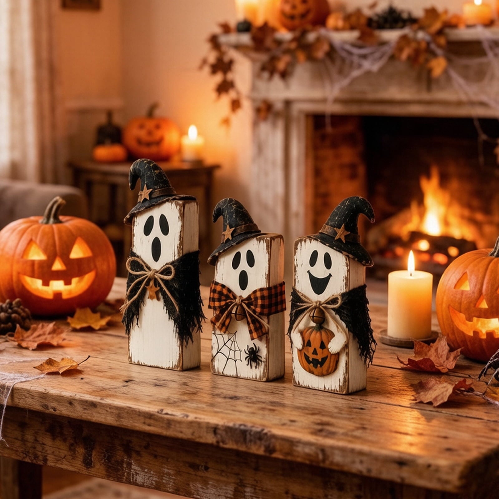 Spooksy™ PLLFRLRT Wooden Halloween Decorations Set Of 3 Fall Mantel Decor Ornaments Farmhouse Tabletop Signs with Witch Hat