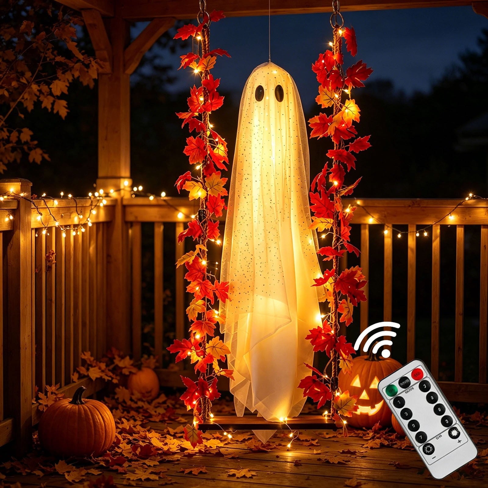 Spooksy™ Nnndbs Maple Leaf Mesh Ghost Hanging Ornament, Halloween Autumn Leaf Decor for Window Door Display, Spooky Fall Home Accent`