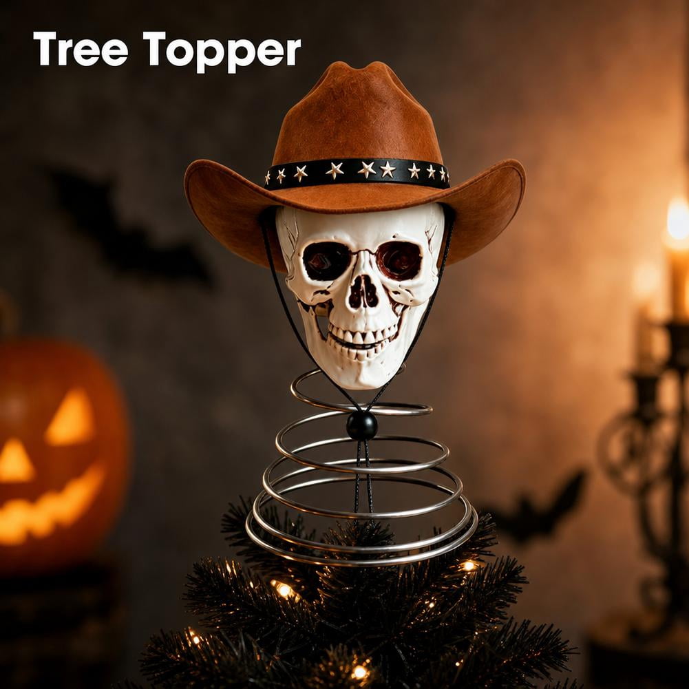 Spooksy™ Halloween Tree Topper, Skeleton Xmas Tree Topper, Halloween Skeleton Trees Decoration, Plastic Skull Ornament with Metal Spring Base, Spooky Holiday Home Party Decor