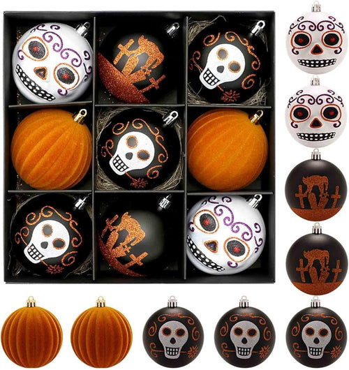 Spooksy™ 9 Pcs Halloween Ornaments for Tree Halloween Party Decor,Spooky Gothic Hangable Pendant Ball,for Car Holiday Party Indoor Outdoor Decor