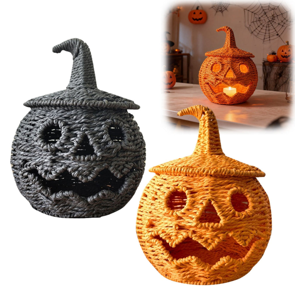 Spooksy™ Hand Woven Jack O Lantern Pumpkin Desktop Ornament Spooky Hollow Pumpkin Figurine For Shelf Mantel Tabletop Halloween Gothic Fall Home Decor(Style A-Orange)
