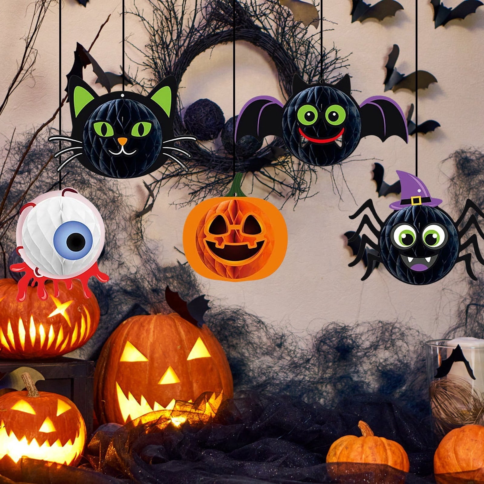 Spooksy™ Halloween Party Decorations 3D Hanging Honeycomb Ornaments Retro Pumpkin Skull Ghost Paper Ornaments Set with Hanging Rope for Indoor Haunted House Ceiling Decor 6 Pcs
