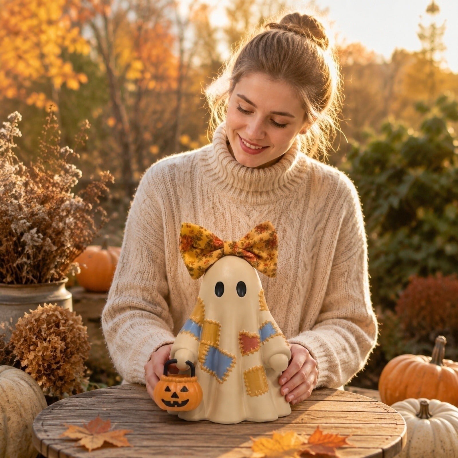 Spooksy™ GIPQJK Summerween Cute Ghost Resin Figure with Bow Tie Holding Pumpkin Statue, Creative Halloween Desktop Shelf Home Decor Ornament A