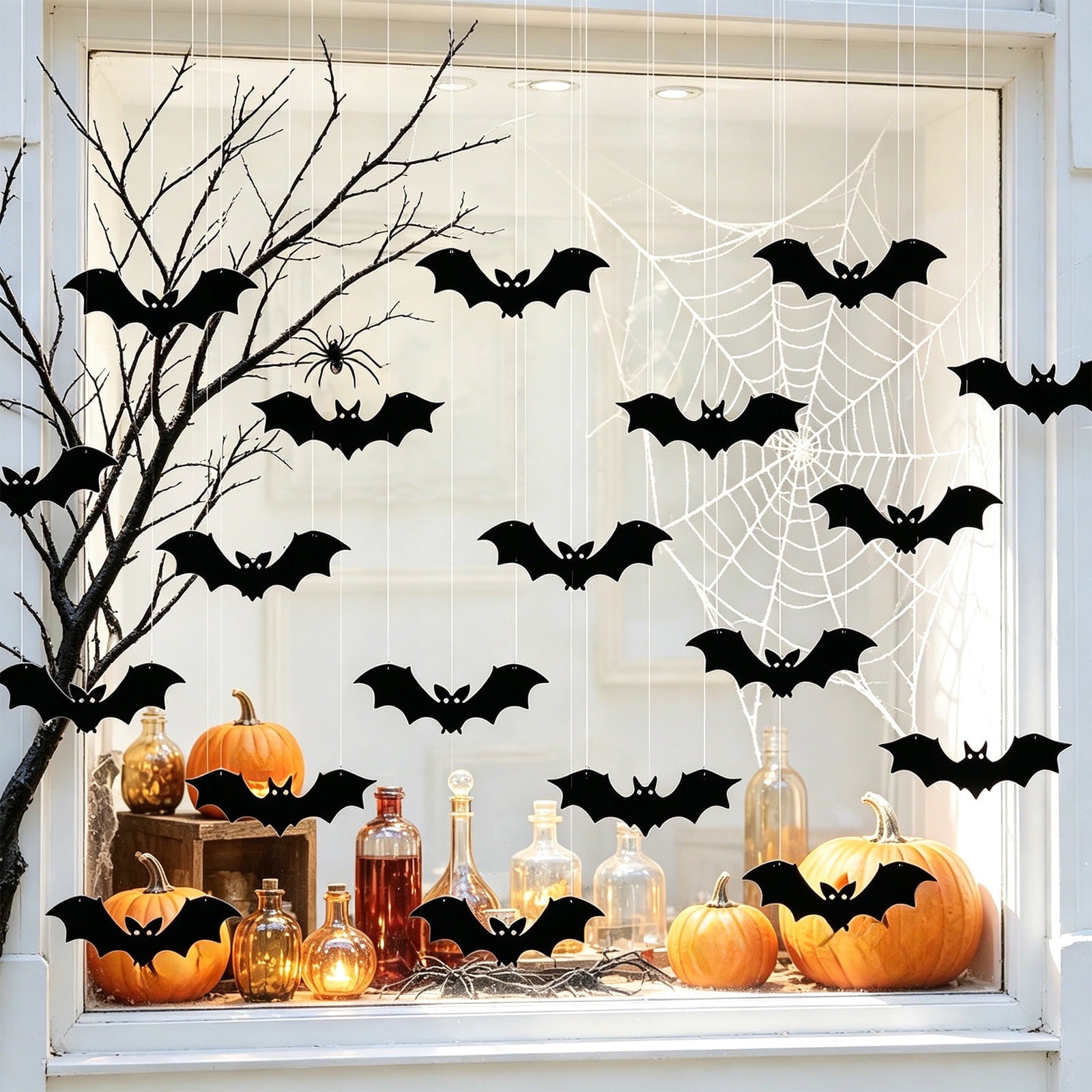 Spooksy™ Halloween Light Up Bats Decor Kit, Red Eye Bat Silhouette Hanging Ornaments With Mounting Accessories And Creepy Glow Effect, Halloween Party Decorations for Home Wall Door Window And Event Displays