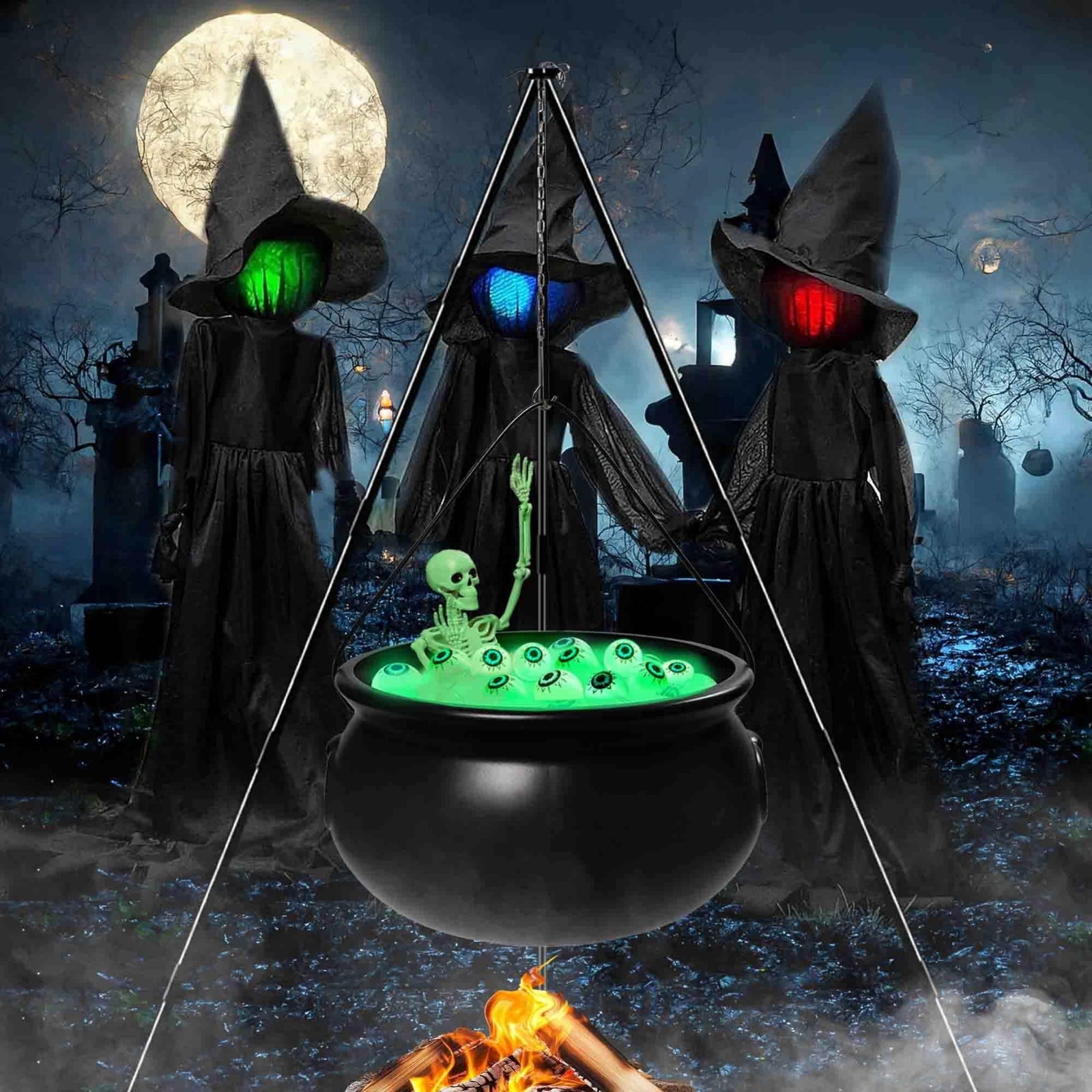 Spooksy™ YIKA Halloween Decoration Tripod Witch Pot Lamp Decorative Strip With Skeleton Man Halloween Ornaments