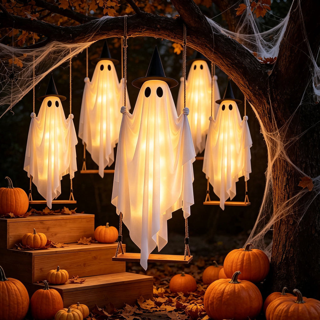 Spooksy™ Qwtwty Halloween Hanging Swinging Ghost Decor, Large Flying Ghost Halloween Ornaments with Witch Hat for Front Yard Patio Lawn Garden Party Decor