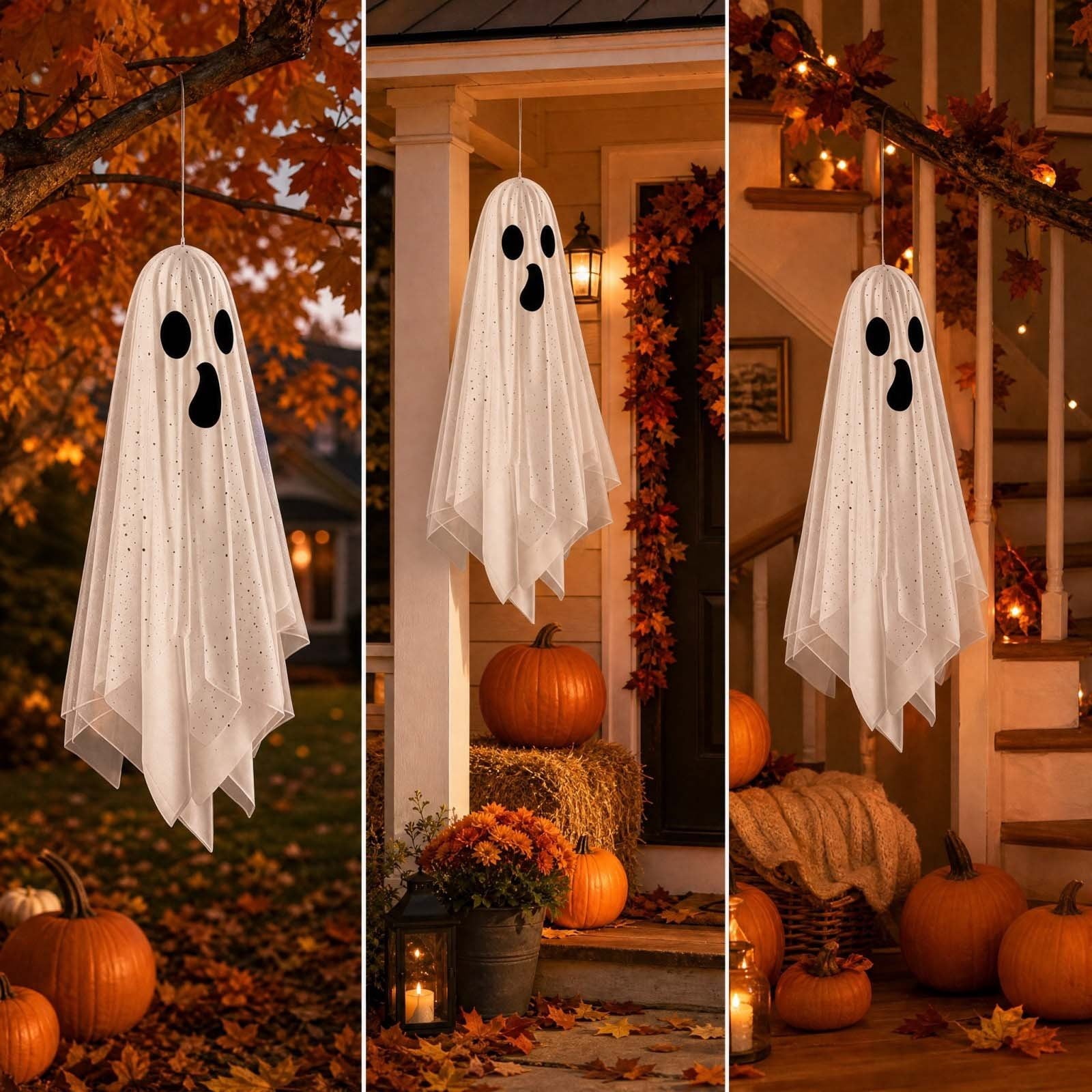 Spooksy™ OCCOA 3 Pack Hanging Ghost Decorations White Glitter Cloth Ghost Ornaments with Surprised Face for Halloween Indoor Outdoor Party Porch, White