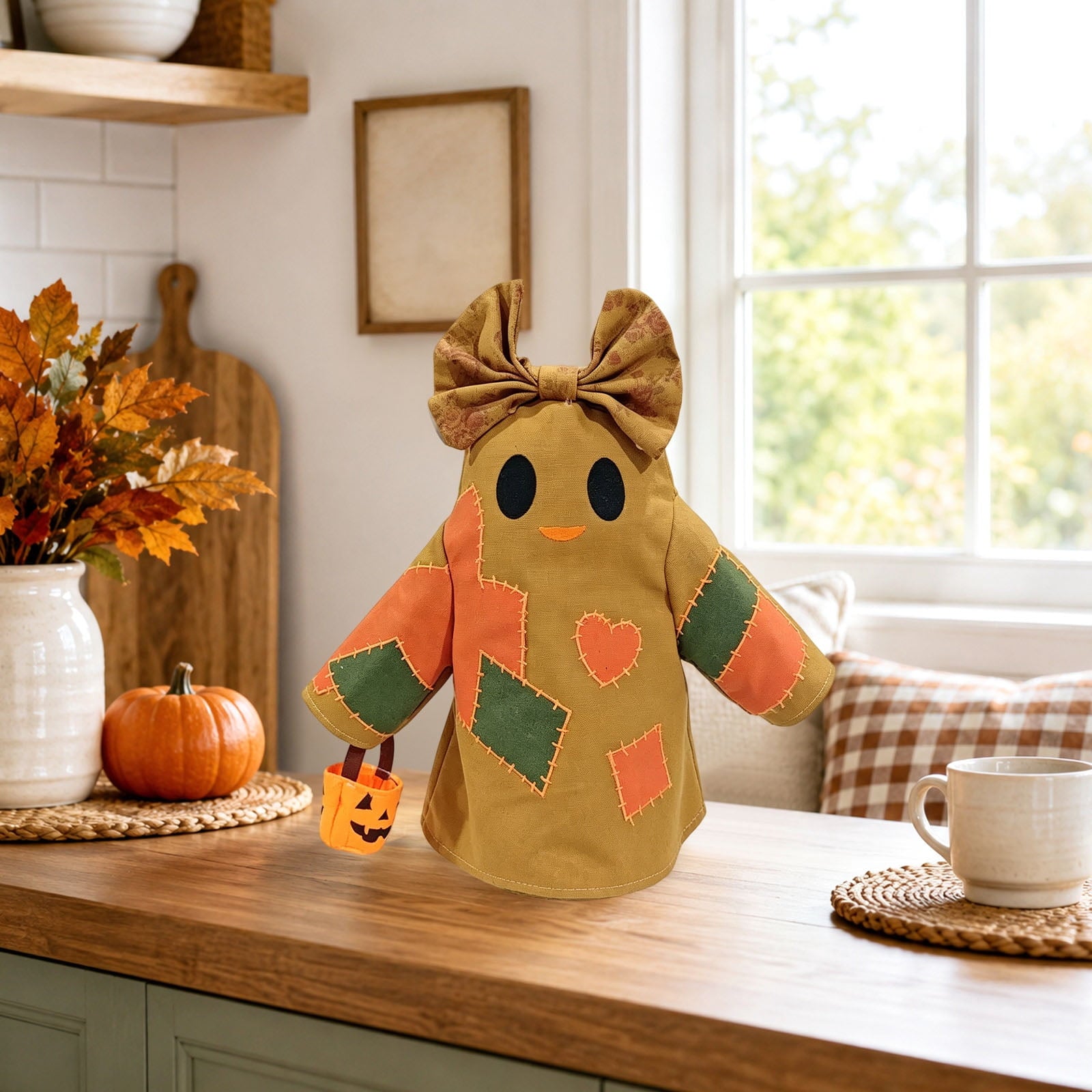 Spooksy™ Halloween Vintage Patchwork Ghost Doll, Linen Fabric Bow Ghost Ornament With Mini Pumpkin Bucket, Farmhouse Tabletop Hanging Holiday Decor