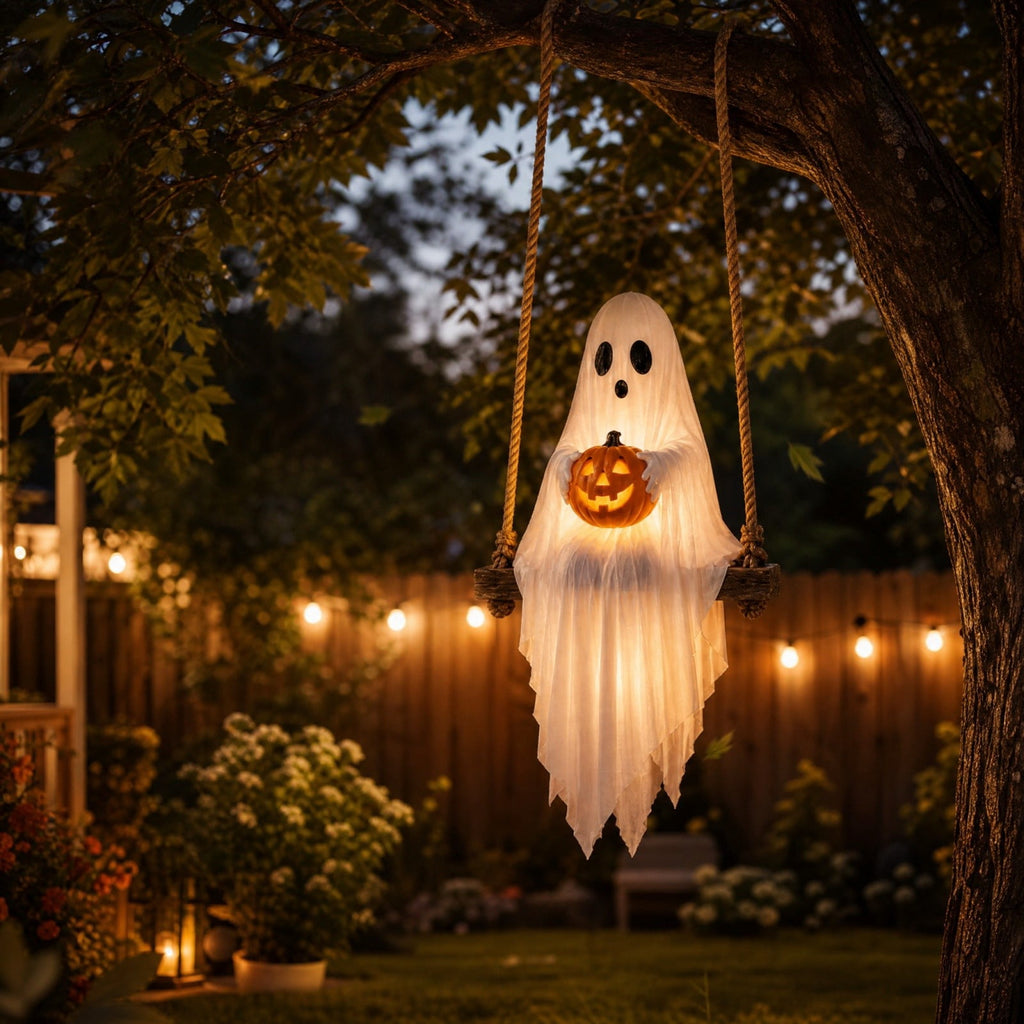 Spooksy™ Halloween Swing Ghost Pumpkin Hanging Decor Warm Led Strip Cute Gentle Halloween Ornament With Wood Base Rope For Garden Tree Porch Balcony Party