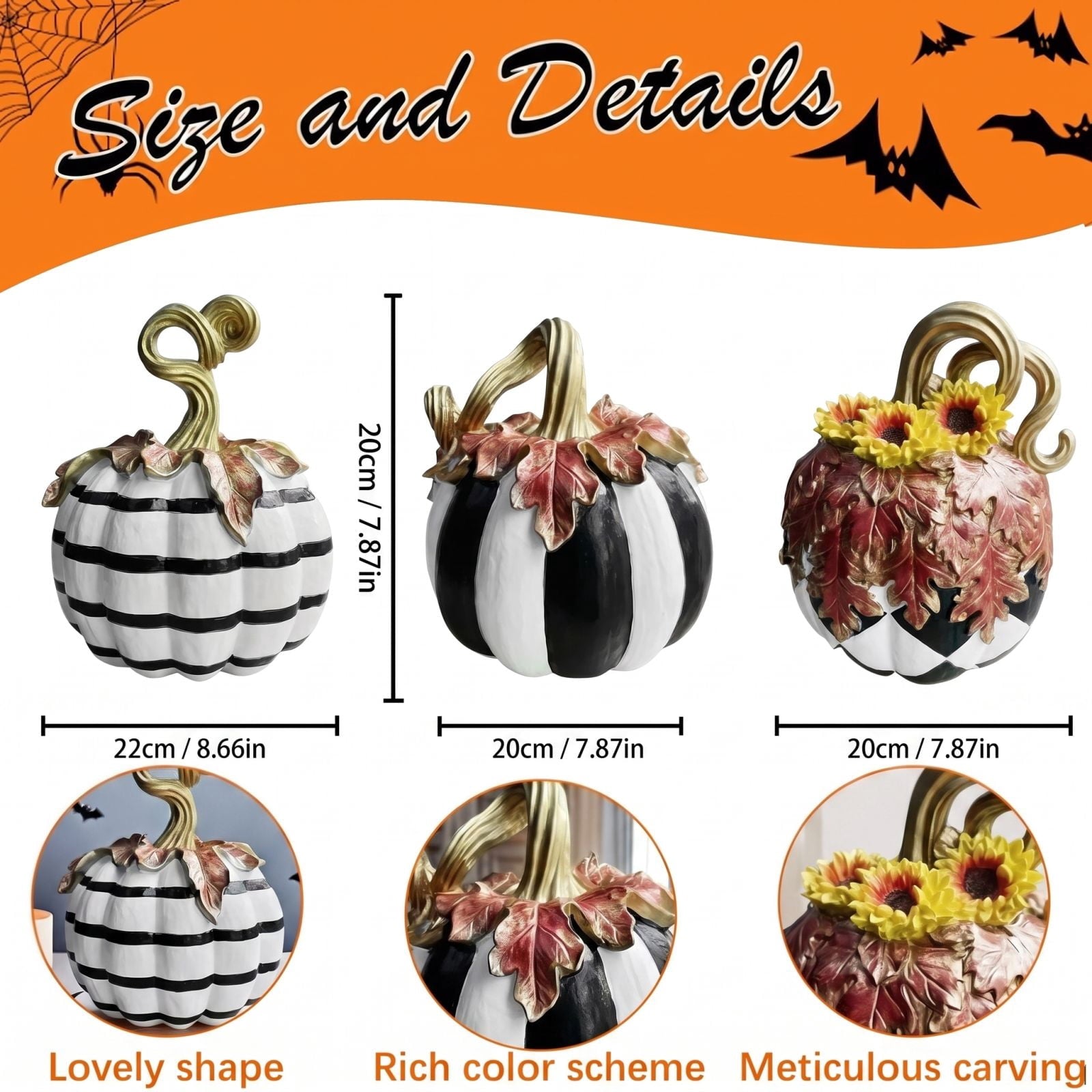 Spooksy™ GIPQJK Resin Pumpkin Decoration Sculpture, Black White Striped Halloween Ornament with Gold Bow, Retro Garden Pole Prop for Party Home Decor, 1 Piece A