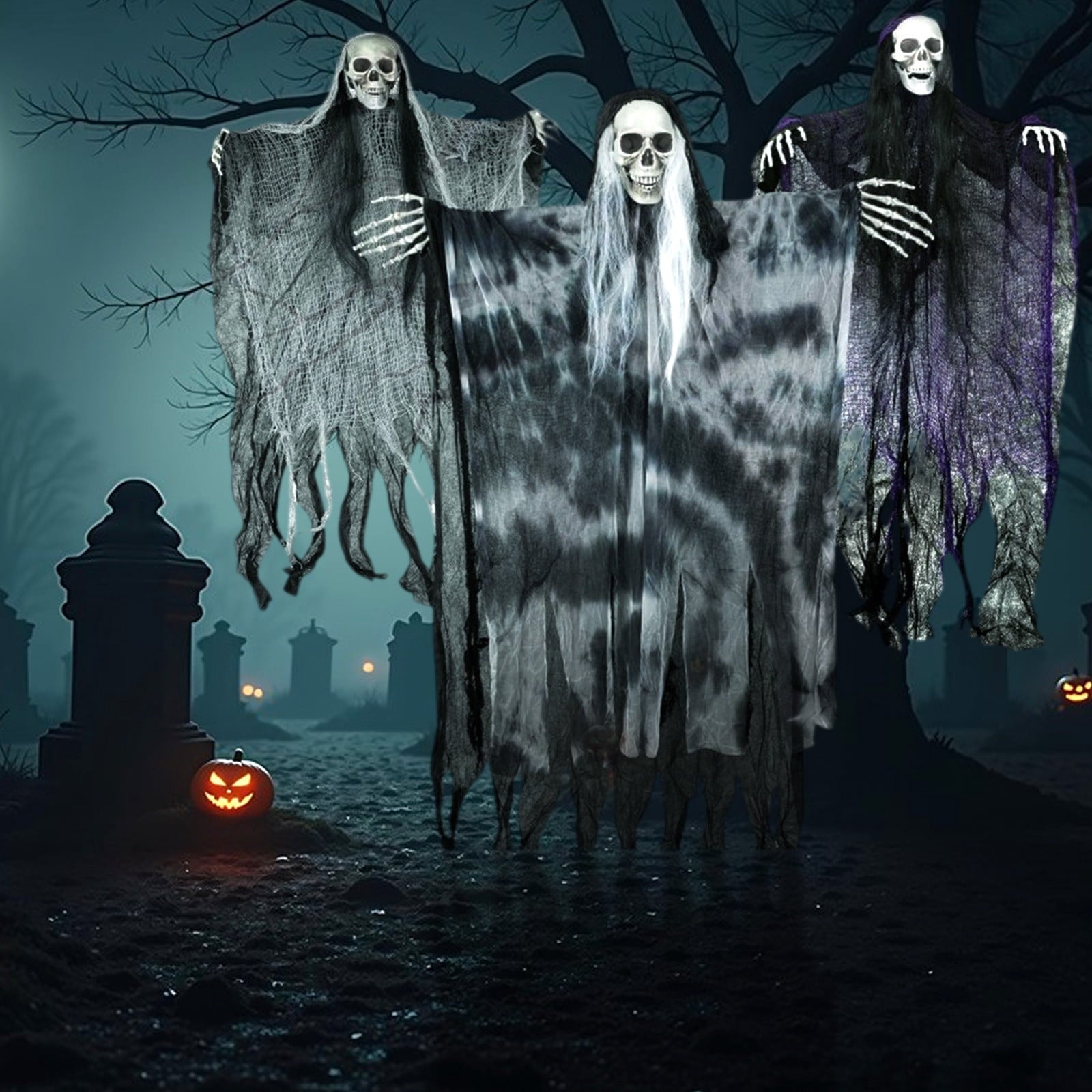 Spooksy™ 3 Pcs Hanging Halloween Skeleton Ghosts Decorations, Halloween Ornaments Outdoor/Indoor, Hanging Grim Reapers Halloween Decorations for Tree Yard Window Garden