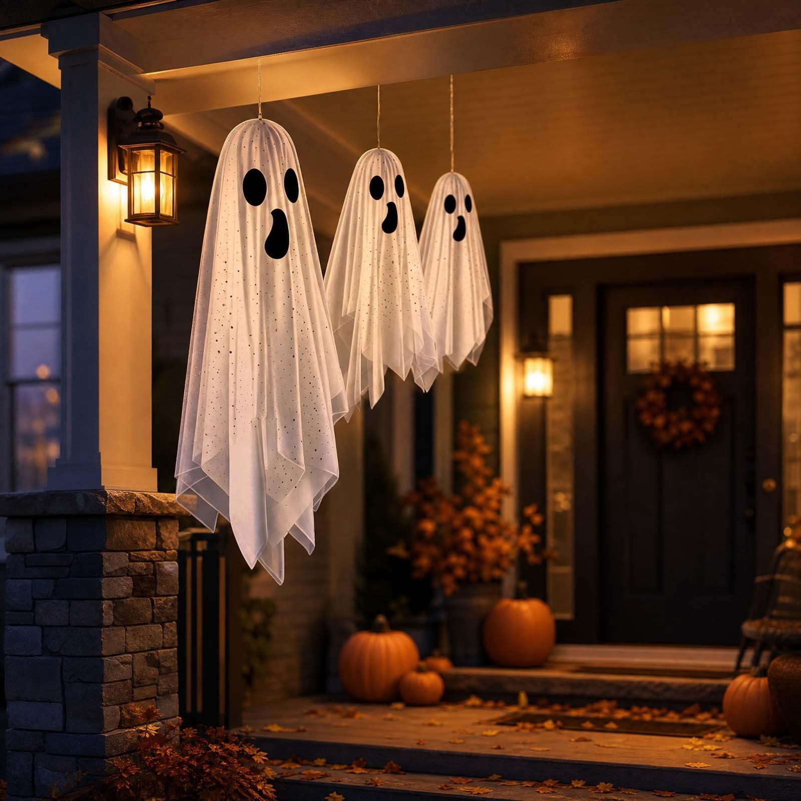 Spooksy™ OCCOA 3 Pack Hanging Ghost Decorations White Glitter Cloth Ghost Ornaments with Surprised Face for Halloween Indoor Outdoor Party Porch, White