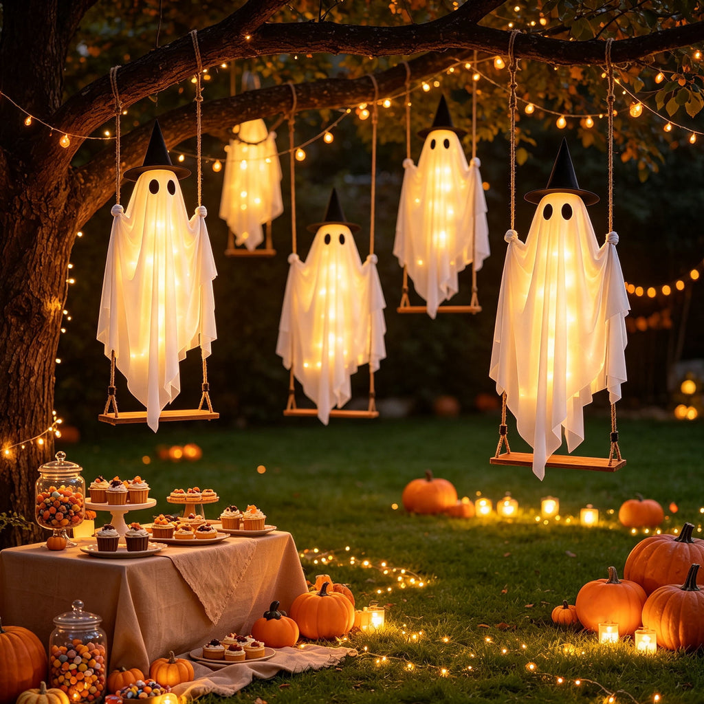 Spooksy™ Qwtwty Halloween Hanging Swinging Ghost Decor, Large Flying Ghost Halloween Ornaments with Witch Hat for Front Yard Patio Lawn Garden Party Decor