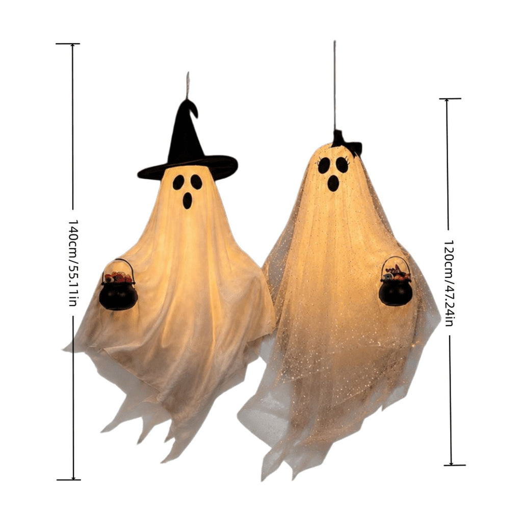 Spooksy™ Halloween Hanging Ghost Witch Hat Decorations 2 Pack Couple Ornaments, Outdoor Yard Garden Hanging Decor With Bow And Cauldron Accents, Front Porch Holiday Party Decoration