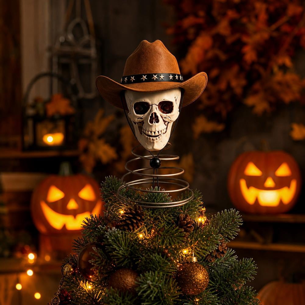 Spooksy™ Halloween Tree Topper, Skeleton Xmas Tree Topper, Halloween Skeleton Trees Decoration, Plastic Skull Ornament with Metal Spring Base, Spooky Holiday Home Party Decor