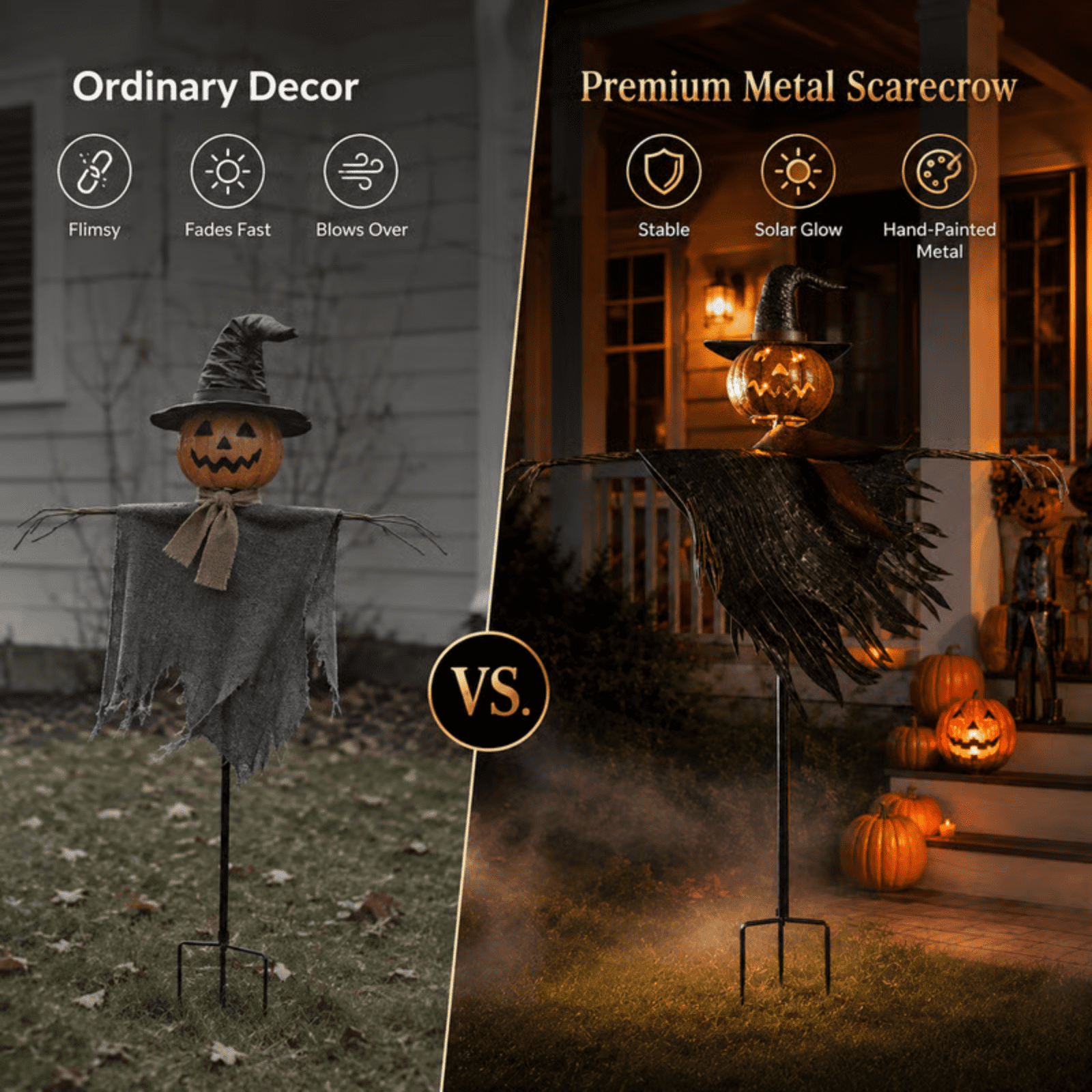 Spooksy™ Solar Lighted Pumpkin Scarecrow Sentinel, Handâ??Painted Metal Lightâ??Up Jackâ??oâ??Lantern Ornament, Solar Powered Yard Art, Spooky Decor for Halloween Party, Garden and Backyard