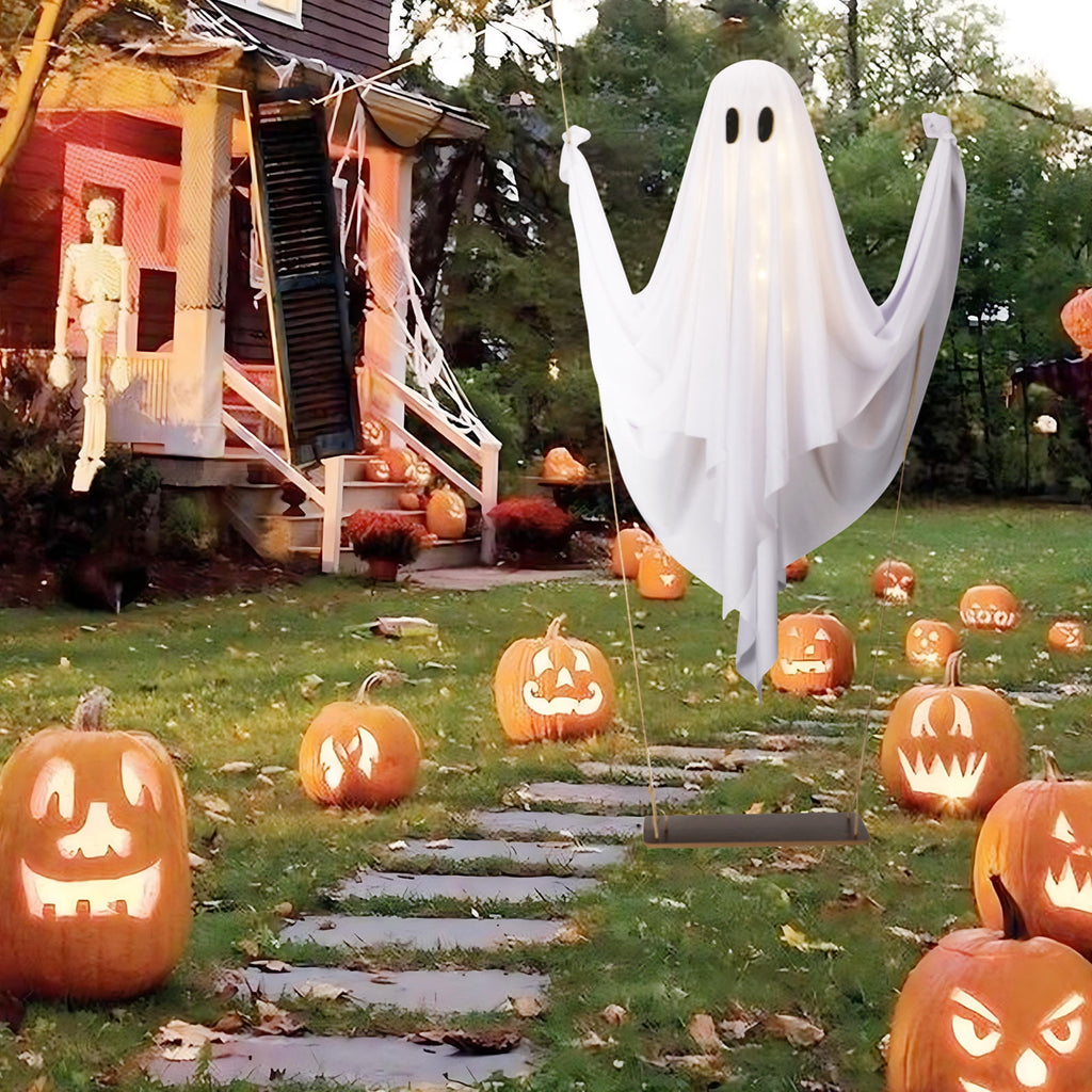 Spooksy™ LED Light Up White Cloth Ghost Swing Tree Hanging Decor, Spooky Flying Ghost On Wooden Swing Outdoor Yard Porch Ornament, Halloween Haunted House Party Tree Hanging Seasonal Atmosphere Decor Gift