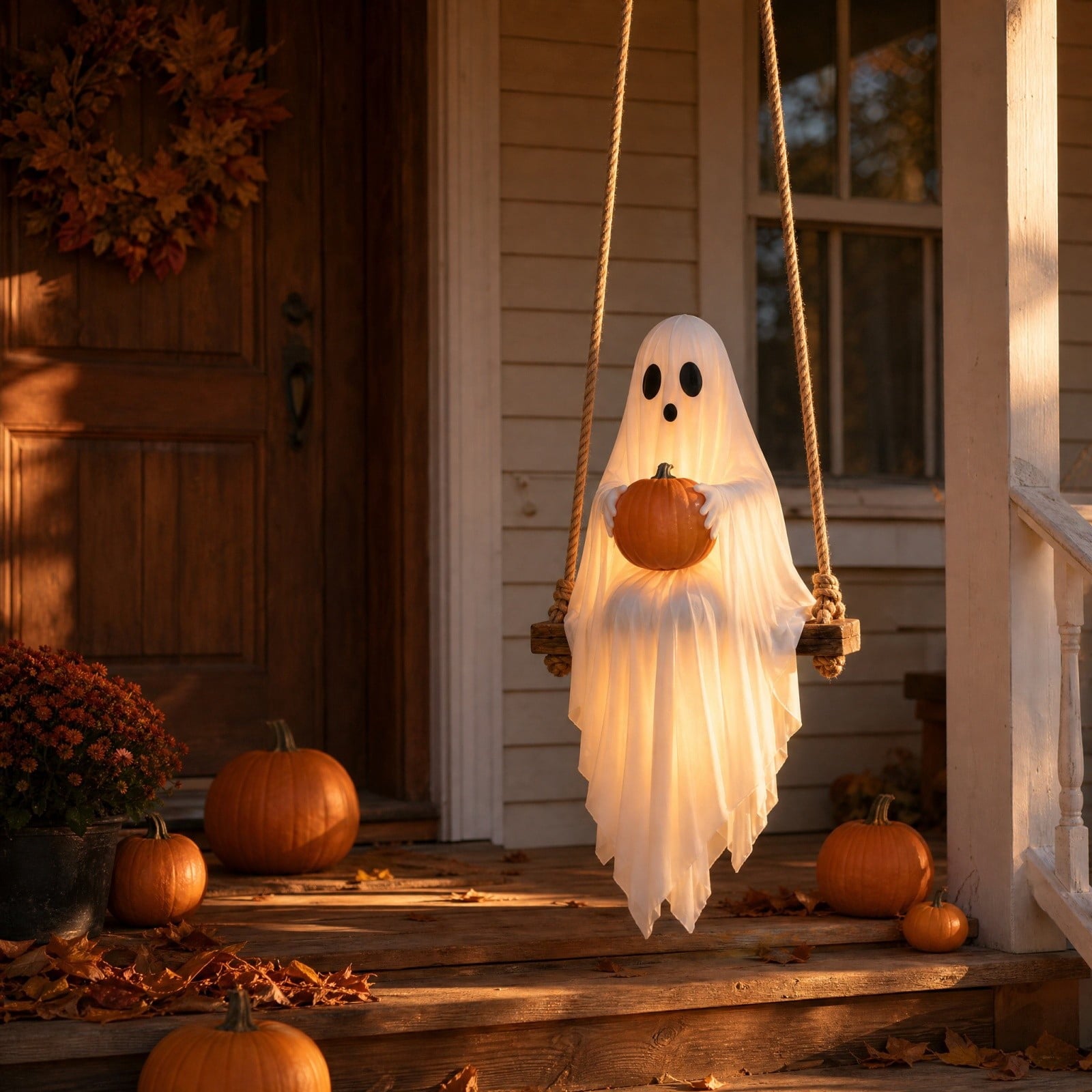 Spooksy™ Halloween Swing Ghost Pumpkin Hanging Decor Warm Led Strip Cute Gentle Halloween Ornament With Wood Base Rope For Garden Tree Porch Balcony Party