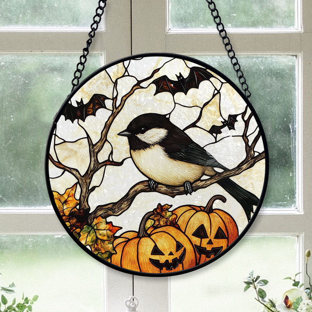 Spooksy™ Bedroom Christmas Gift - Halloween Chickadee Christmas Stained Glass Hanging Ornament - Nature-Inspired Holiday Tree Decoration, Xmas Gift for Mom, Dad, Family, Friends