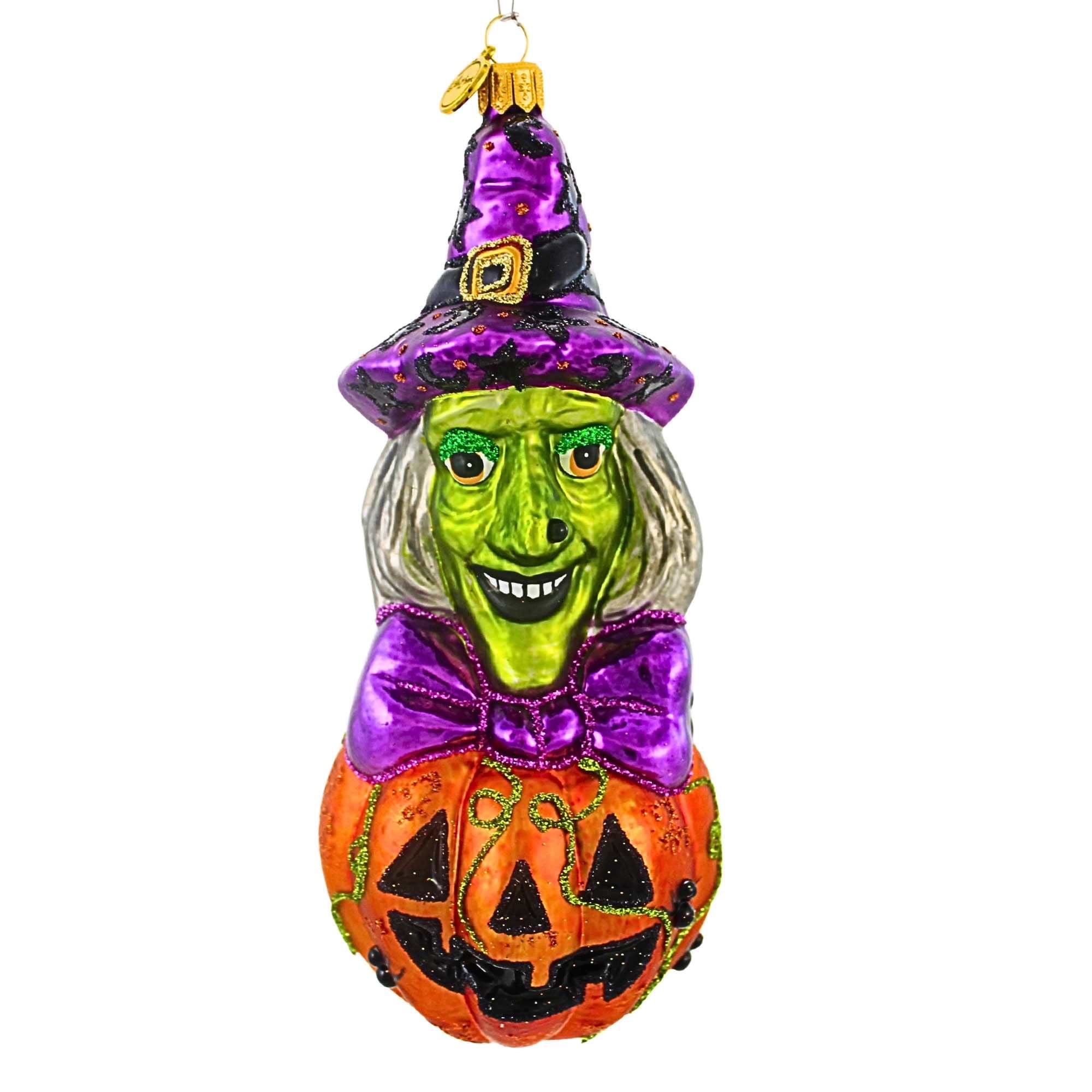 Spooksy™ Blu Bom Witch On A Pumpkin Glass Ornament Halloween Jol Wicked 2022115