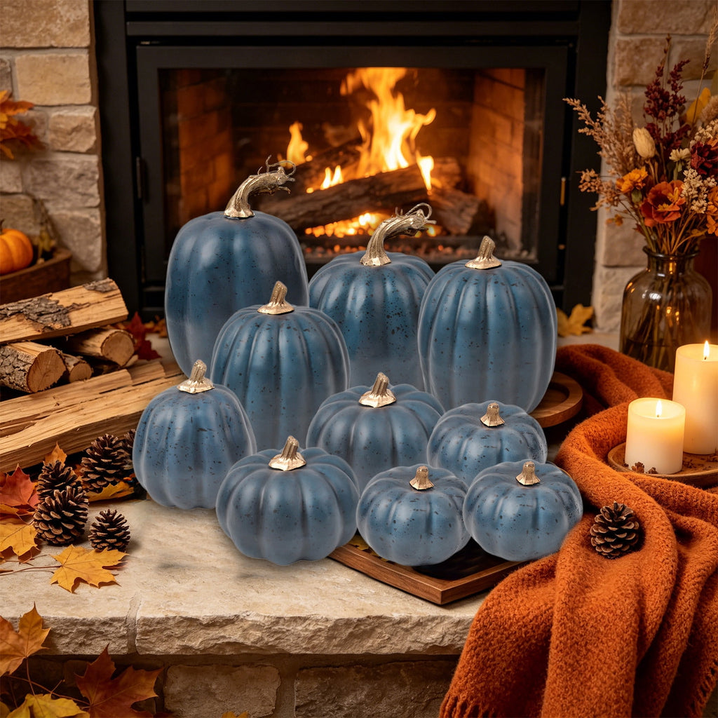 Spooksy™ Blue Artificial Pumpkins Decor Foam Pumpkin Ornament Fall Harvest Thanksgiving Halloween Mantel Tiered Tray Table Centerpiece Home Decoration Speckled Rustic Display Accent