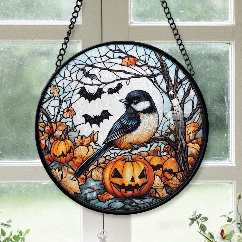 Spooksy™ Christmas Gift - Halloween Chickadee Christmas Stained Glass Hanging Ornament - Glossy Round Holiday Tree Decoration, Xmas Gift for Dad, Mom, Family & Friends, Keepsake 2025