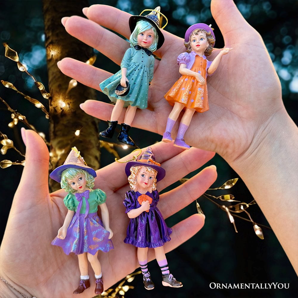 Spooksy™ Classic Victorian Little Witch Girls Set of 4 Ornaments, Vintage Halloween Tree Resin Decoration