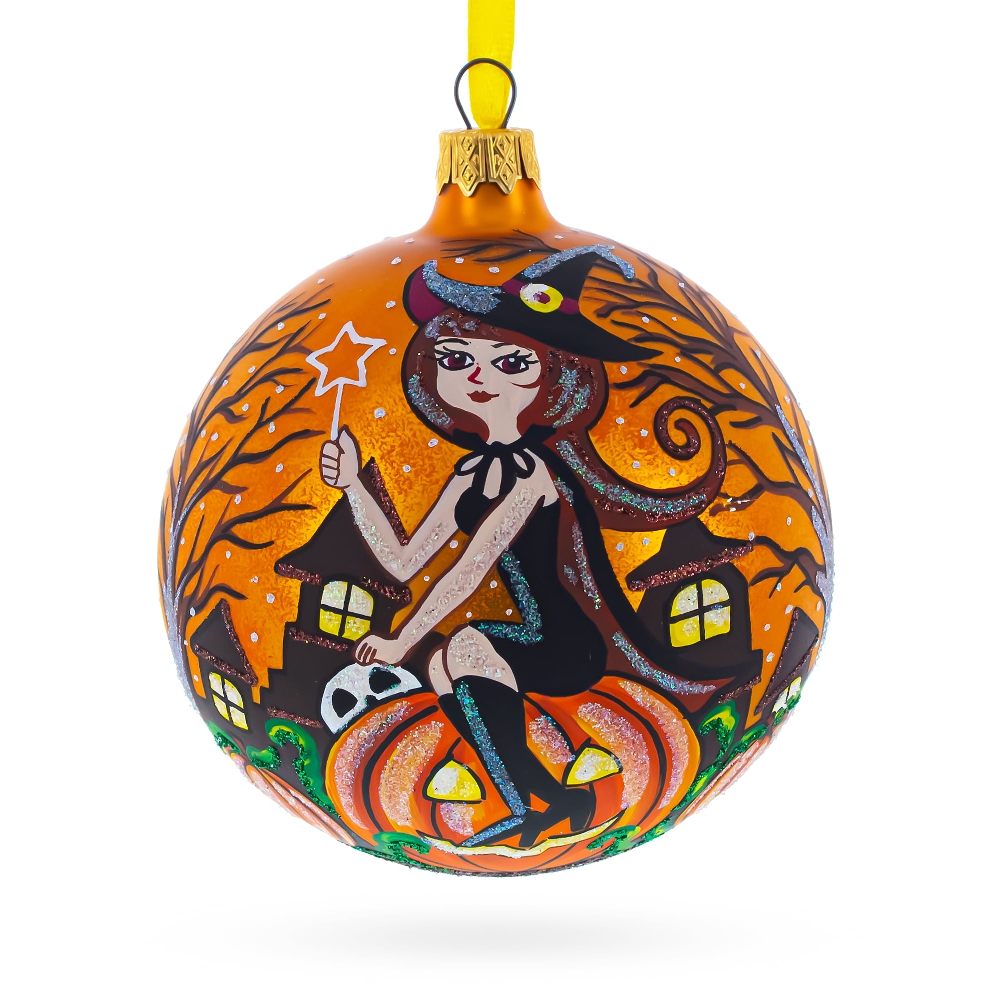 Spooksy™ Enchanting Witch Riding Pumpkin Glass Ball Halloween Ornament 4 Inches