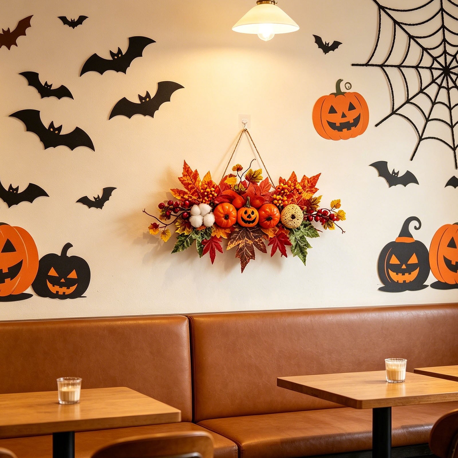 Spooksy™ Fall Harvest Pumpkin Maple Leaf Hanging Decor 18x13 Inch, Thanksgiving Halloween Door Wall Ornament with Jute Rope, Rustic Farmhouse Indoor Outdoor Porch Party Decoration