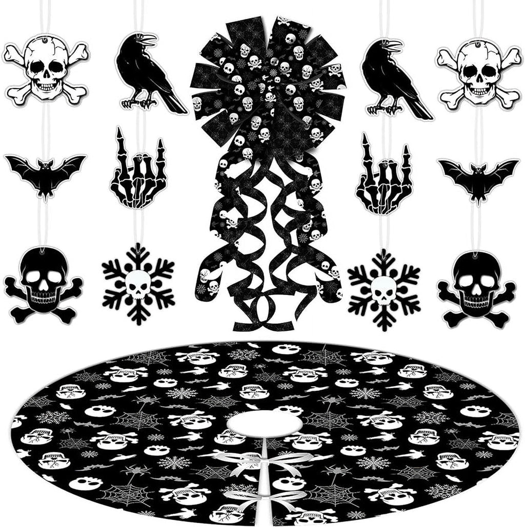 Spooksy™ Black Gothic Christmas Tree Decorations with Scary Skull Christmas Tree Skirt, Large Decorative Tree Topper Bow, 12Pcs Tree Hanging Ornaments for Winter Halloween Xmas Tree Decor