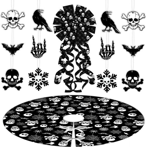 Spooksy™ Black Gothic Christmas Tree Decorations with Scary Skull Christmas Tree Skirt, Large Decorative Tree Topper Bow, 12Pcs Tree Hanging Ornaments for Winter Halloween Xmas Tree Decor