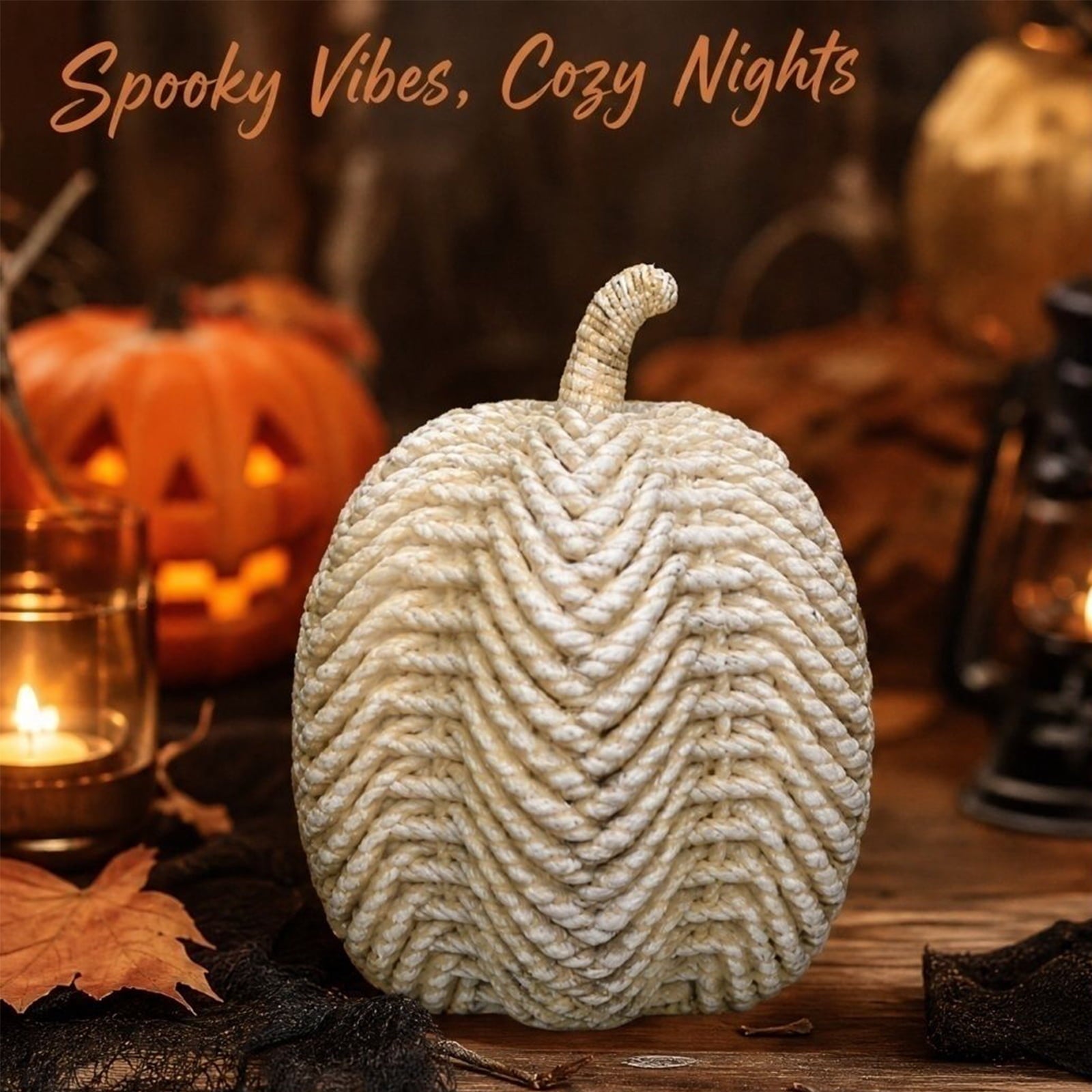 Spooksy™ Faux Rattan Pumpkin Decor, Beige Woven Halloween Ornaments for Fall Home Boho Farmhouse Table Centerpiece Mantel Shelf Porch Autumn Decoration Resin