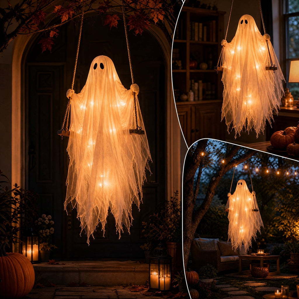 Spooksy™ Gaecuw 59 Inch Halloween Hanging Swing Ghost Decoration, Light-Up Gauze Ghost Ornament for Tree Yard Porch Outdoor Decor, As Shown