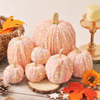Spooksy™ Gaecuw 7 Pack Glitter Pumpkin Decor Sequin Velvet Fall Ornaments for Thanksgiving Table, Halloween Display, Mixed Sizes, Beige