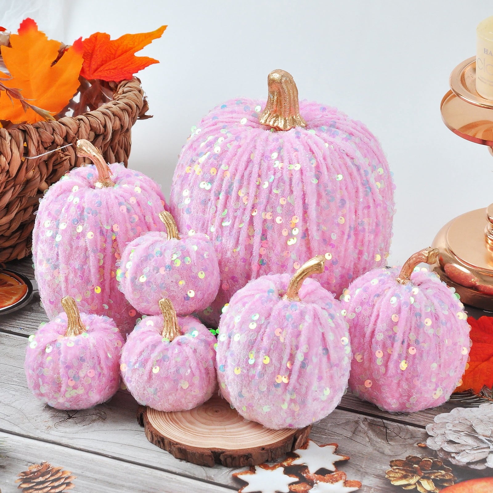 Spooksy™ Gaecuw 7 Pack Glitter Pumpkin Decor Sequin Velvet Fall Ornaments for Thanksgiving Table, Halloween Display, Mixed Sizes, Beige