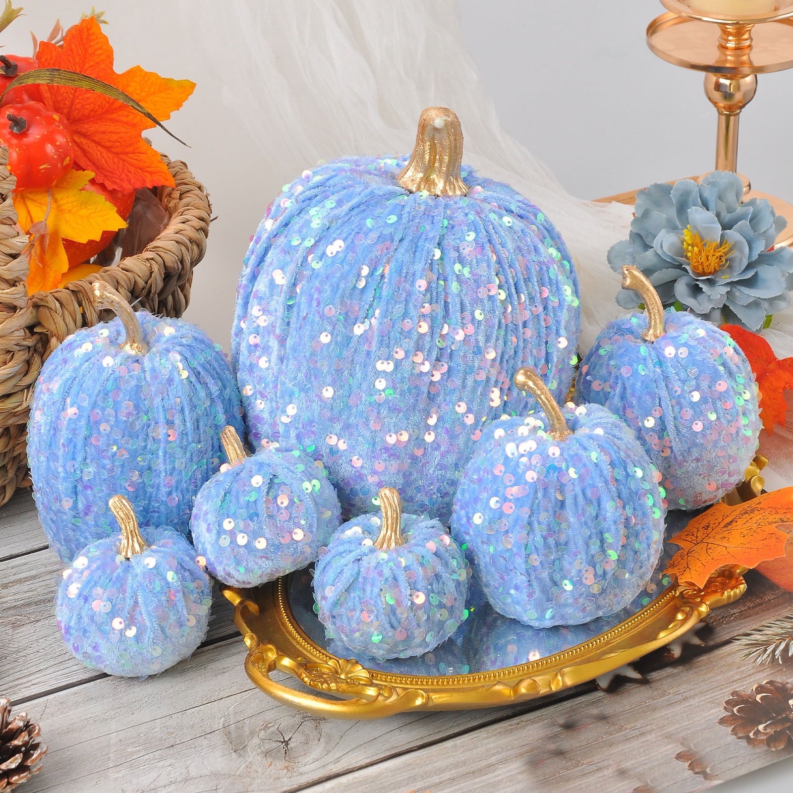 Spooksy™ Gaecuw 7 Pack Glitter Pumpkin Decor Sequin Velvet Fall Ornaments for Thanksgiving Table, Halloween Display, Mixed Sizes, Beige