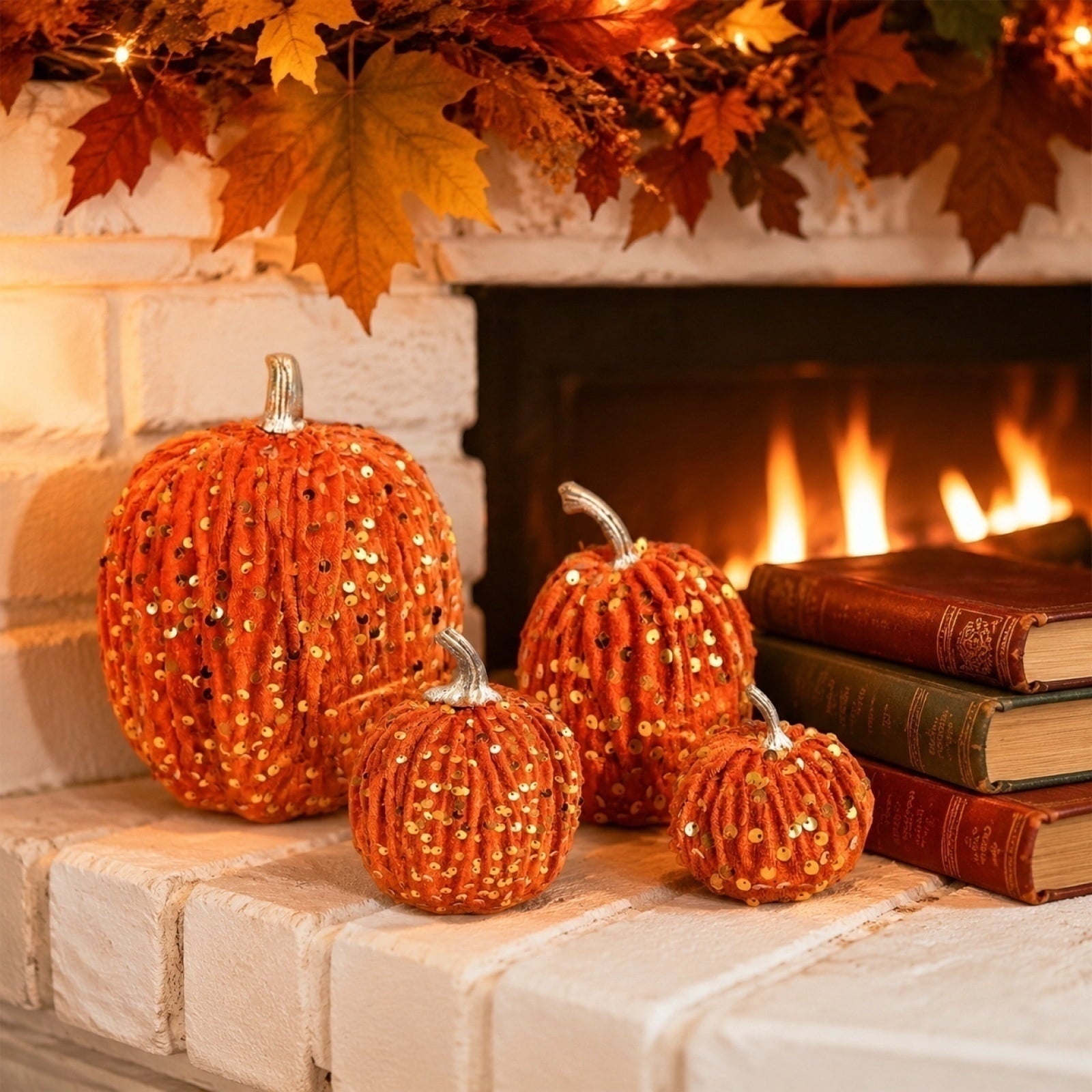 Spooksy™ Gaecuw 7 Pack Glitter Pumpkin Decor Sequin Velvet Fall Ornaments for Thanksgiving Table, Halloween Display, Mixed Sizes, Beige